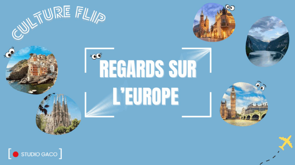 L’image affiche le titre en lettres blanches au centre sur fond bleu, entouré de cinq photos circulaires représentant différents pays d’Europe : les fjords de Norvège, Big Ben à Londres, la Sagrada Familia à Barcelone, une vue de village côtier italien et l’architecture polonaise.