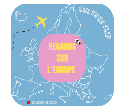 Le visuel présente une carte stylisée de l’Europe sur fond bleu clair, avec un encadré rose au centre affichant le titre en lettres jaunes “Regards sur l’Europe”.